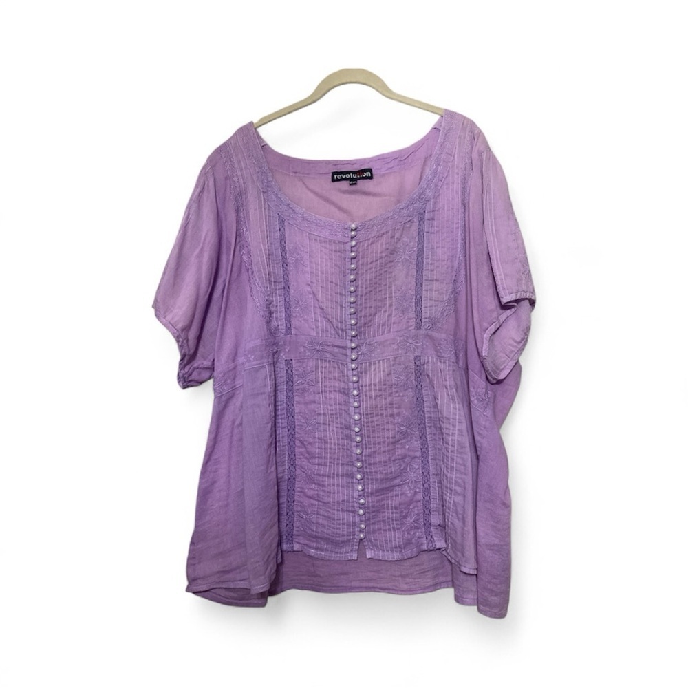 Woman Within Purple Blouse with Button Accents